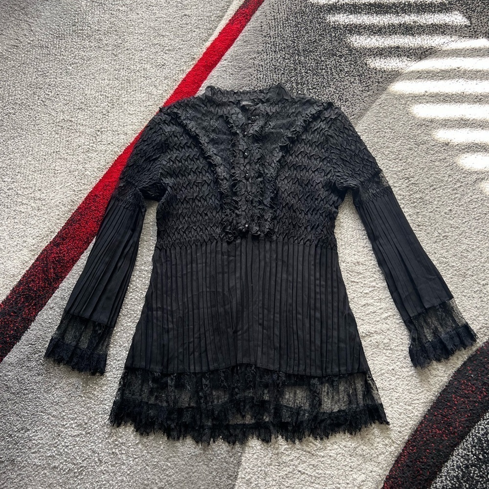 Komarov Black Crinkled Lace Pleated Dark Fairycore Blouse